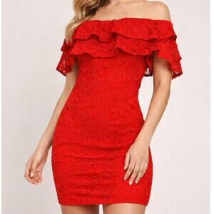 Red Lace Off Shoulder Ruffle Bodycon Dress Romantic Size Large